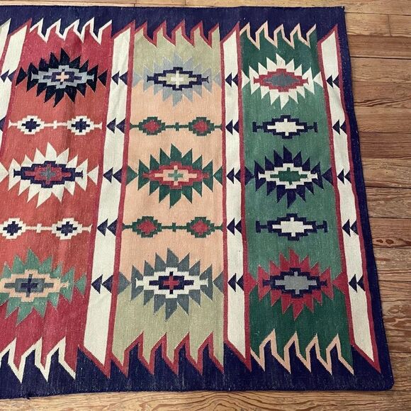 Pier 1 Imports Turkish Kilim Aztec Cotton Rare Area Rug Carpet Blue Boho Native - Picture 4 of 8